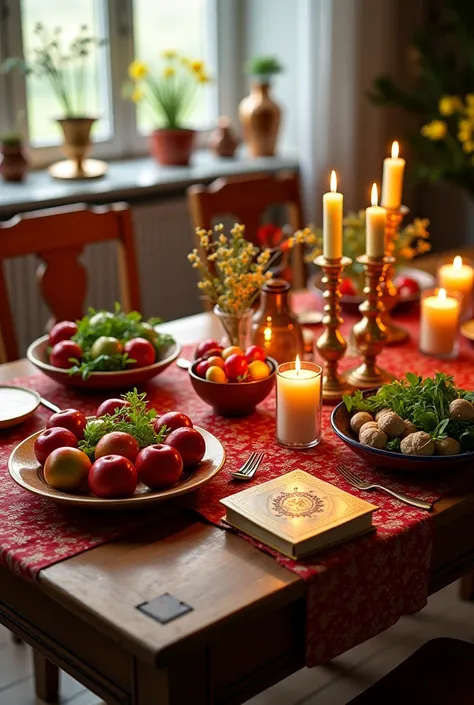 "A traditional wooden table with a beautiful design on which the 7th-century table of Nowruz 1404 is spread. This tablecloth c...