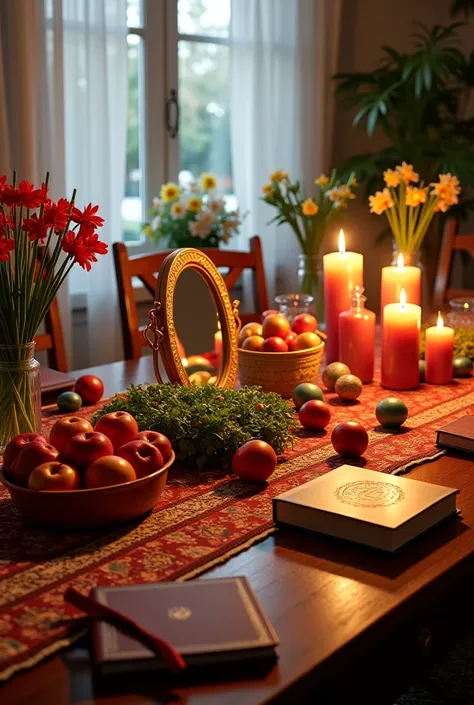 "A traditional wooden table with a beautiful design on which the 7th-century table of Nowruz 1404 is spread. This tablecloth c...