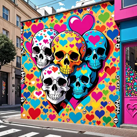 hyperrealism, Simple Line Acronym,Abstract art,HYSTERIC GLAMOUR Style , street design , colorful pattern interspersed with skul...