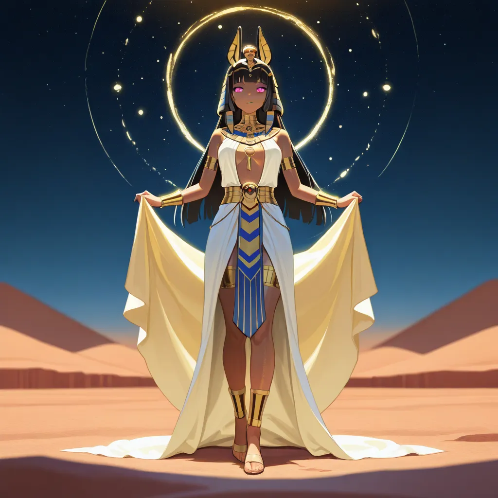 An anime-style Egyptian goddess with long, flowing black hair, deep tan skin, and striking pink eyes. She wears an elaborate Egy...