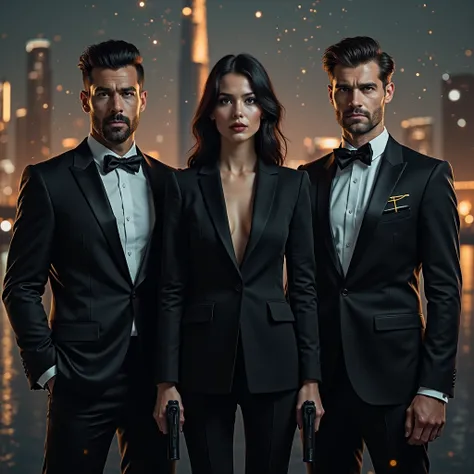 A striking, high-end cinematic composition featuring two elite male agents standing symmetrically in tuxedos, each gripping a si...