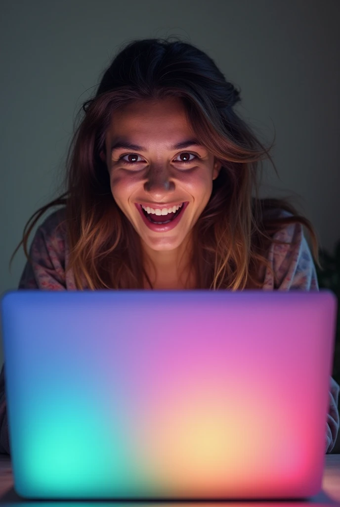 An image of a young university level person of Latin American origin with a gesture of surprise and happiness when he sees his l...