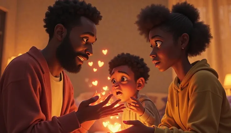An 3d upscale pixar animated scene of a warm, intimate african-american family with 3 members gathering inside a cozy home, wher...