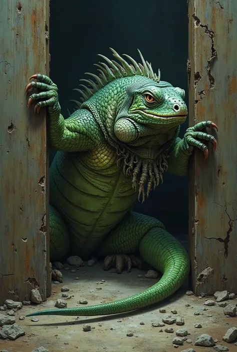 Design an iguana crushing its tail with a door