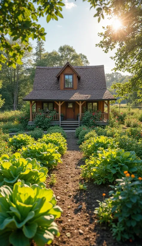 A small and cozy house, surrounded by a garden of vibrant vegetables such as lettuce, tomatoes and cucumbers. The garden is well...