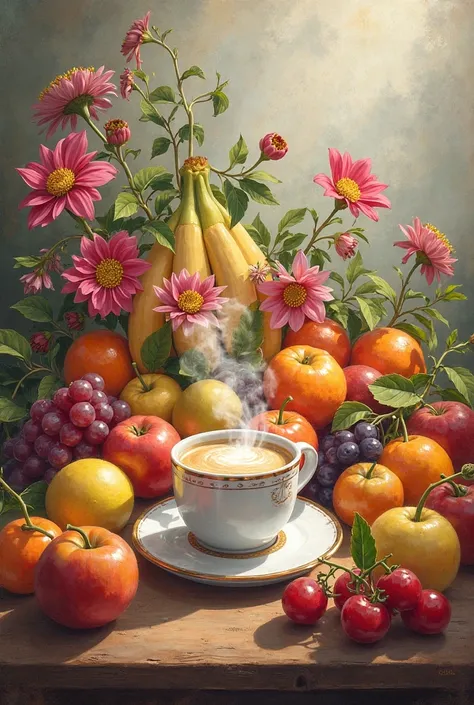 still life, full of fruit and flowers with a cup of drinks