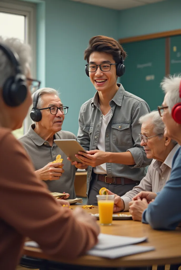 KLASS, where grandparents study, they have headphones, they eat chips, and the teacher is a boy, who has a smart face, tablet an...