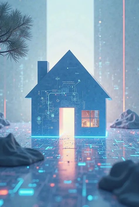 Make a magazine cover with the theme of "ai home era is coming." The image of the house goes in the middle, and make it using ic...