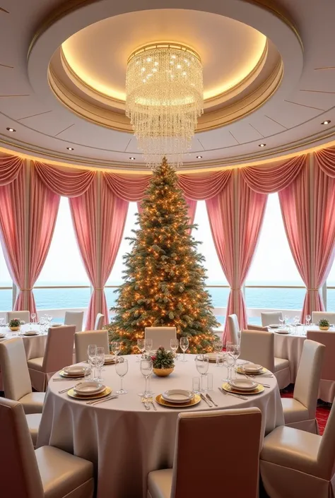 Create a dining room on a luxury cruise ship in Dubai that is white and gold, with pink curtains on the windows and a Christmas ...