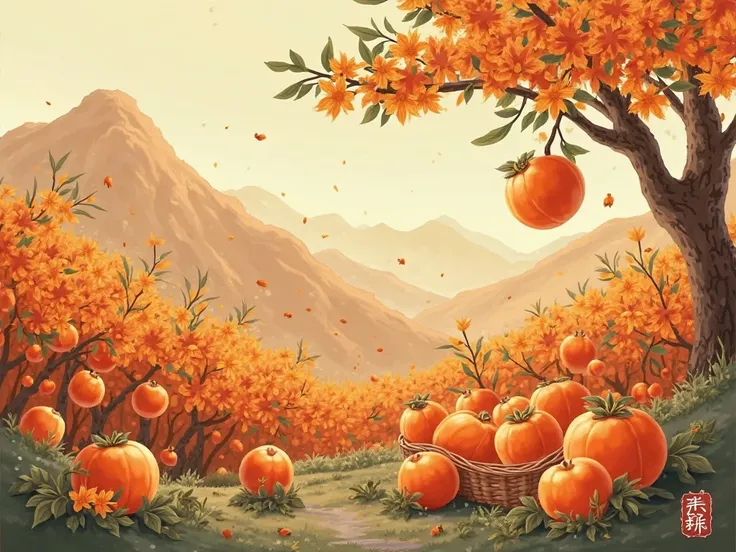 In this illustration, the,.,vividly shows a beautiful scene of a good harvest of sweet persimmons in Luotian。using smooth and ex...