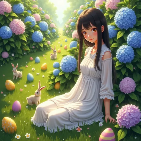 Highest amount、masterpiece、Rabbit、hydrangea, Japanese girl, eyes opened, looking at the camera, sitting in an easter field with ...