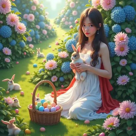A beautiful adult woman, wearing a red dress, holds a fluffy, beautiful bunny in her hand. The surroundings are like a wonderlan...