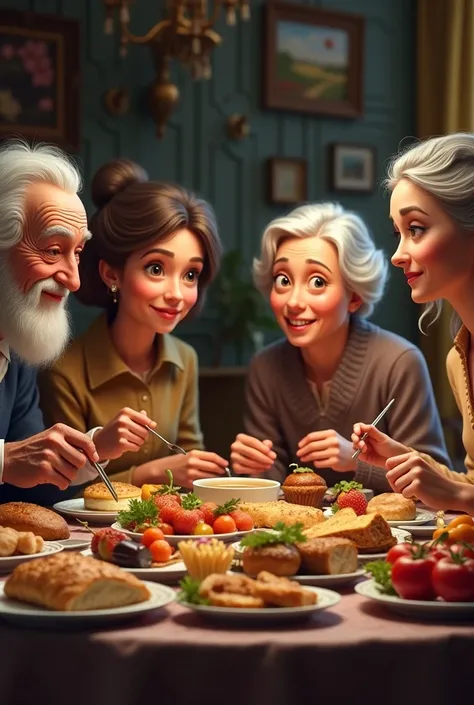 an old man , an old woman, young man, young woman sitting at a table with food