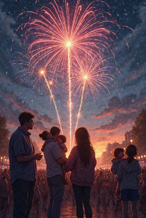 Festive celebrations, families enjoying, fireworks