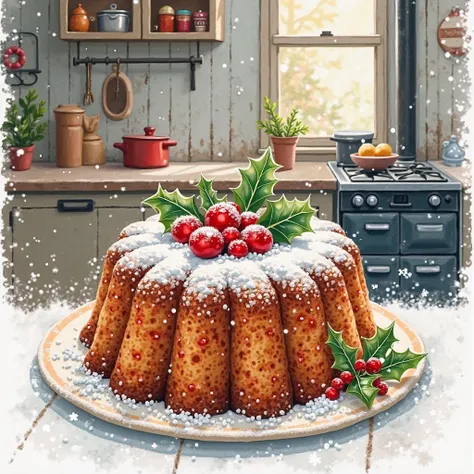 Watercolor style image of a Christmas fruit cake with winter decoration and a kitchen in the background