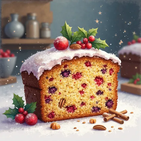 Cartoon watercolor style image of a slice of Christmas fruitcake with winter decoration and an unfocused kitchen in the backgrou...