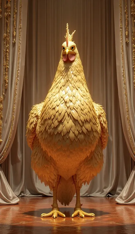on an opulent stage, gaint golden hen standing on the stage and background silver curtains and both see towards the camera pin...