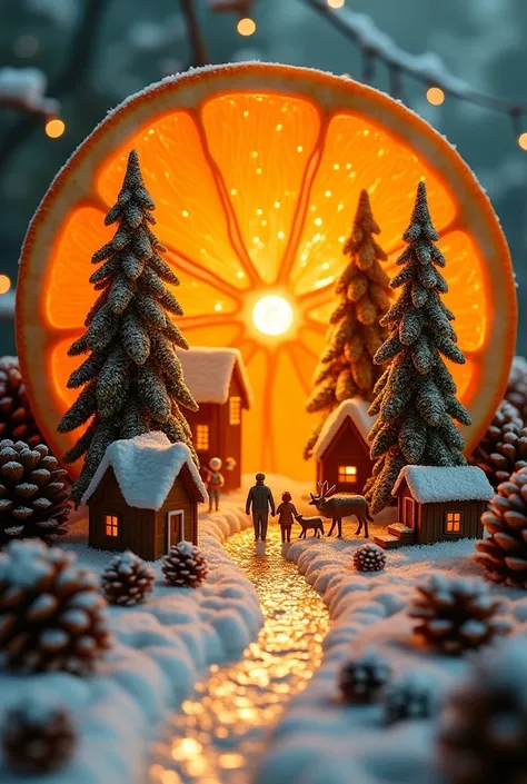 Envision a perfectly sliced orange, its vibrant interior radiating a warm, sun-like glow that illuminates a tiny, snow-covered v...