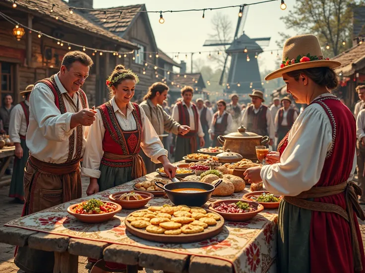 Hyper-realistic, ultra-detailed digital image. A vibrant Belarusian gastronomic festival set in a traditional village square, sh...
