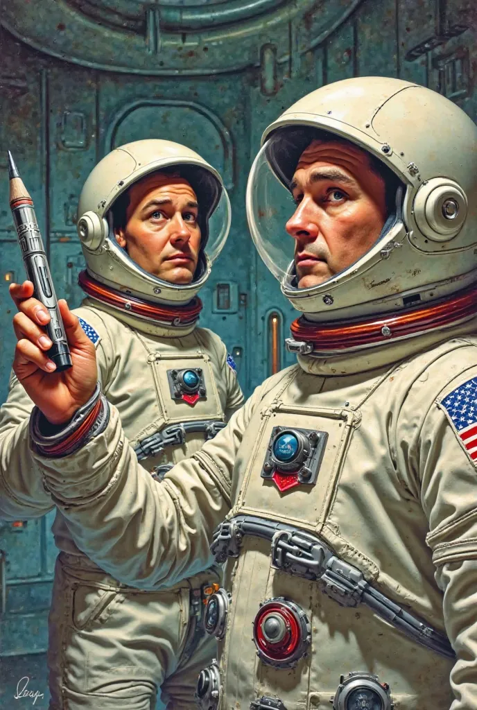 "A humorous and vintage-style illustration of a NASA astronaut in a space station, holding a shiny, high-tech pen with a perplex...