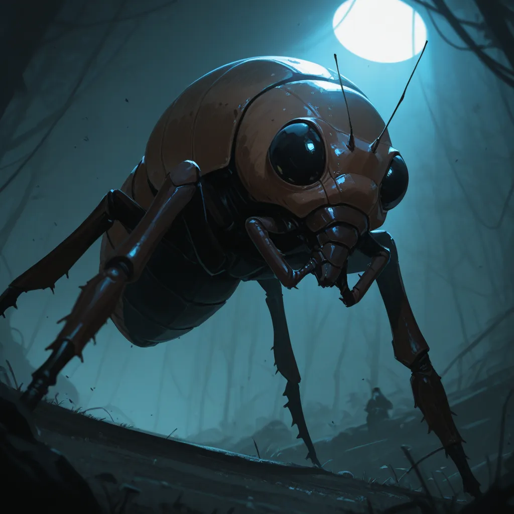an insect like alien with with a dart launching curved bow type weapon .in a war. large black eyes. large head . strong ligh...
