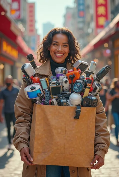 "Give me a picture where a person's shopping bag is overflowing with many SA watches and home appliances."