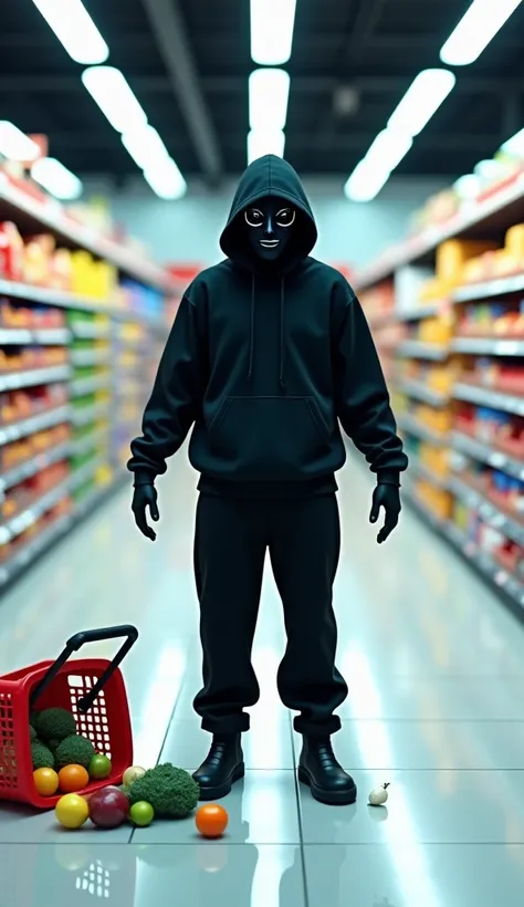 Highly detailed 3D-style scene:
A mysterious figure stands in the middle of a brightly lit supermarket aisle. The person is dre...