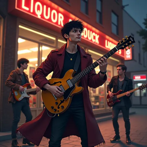 Medium build white American male with short Emo black hair wearing black T-shirt with black pants and Burgundy trench coat holdi...