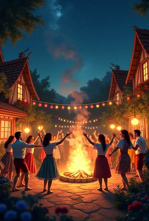 A very detailed June party background with people dancing around the bonfire, surrounding houses with Junina decoration, An acco...