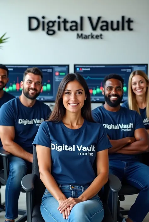 A professional group photo of a diverse team of financial experts sitting confidently in a well-lit white office. They are all w...