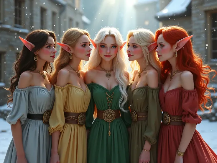 Un groupe 6 très belles copines : brune aux yeux violets, brune aux yeux verts foncés, deux femmes aux cheveux blancs et yeux ve...
