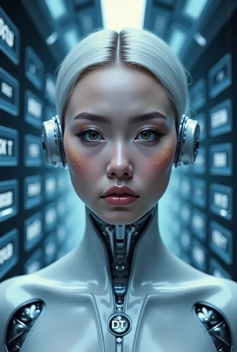 high definition, 8k, AI in the technologic world, a beautiful High-tech AI wearing pendant with the letters 'DT', background: br...