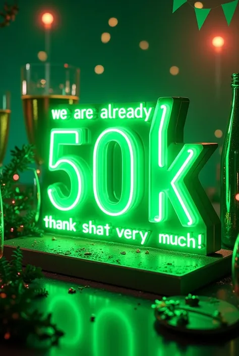 CREATE AN IMAGE OF A 3D LOGO WITH NEON IN SHADES OF GREEN, WITH THE CAPTION WE ARE ALREADY 50K THANK YOU VERY MUCH! IN A PARTY A...