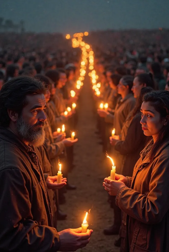 Show all the people from the country giving tribute with light up candles