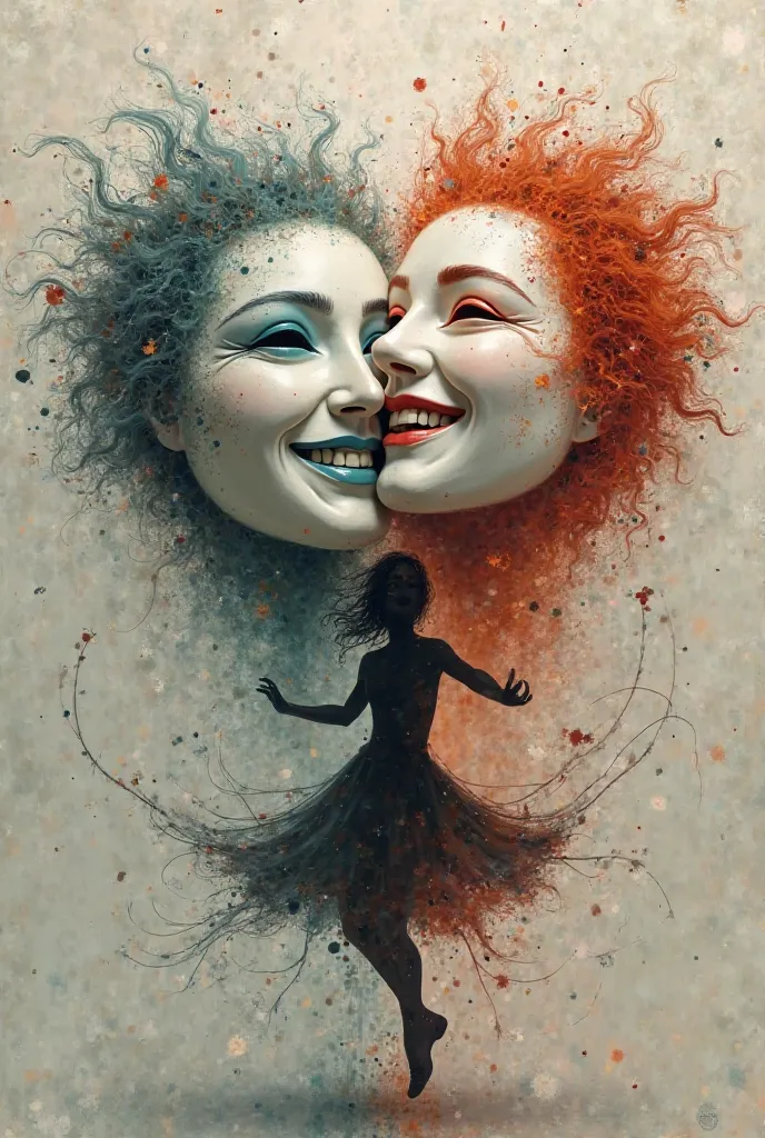 Happy mask and sad mask and a dancing silhouette