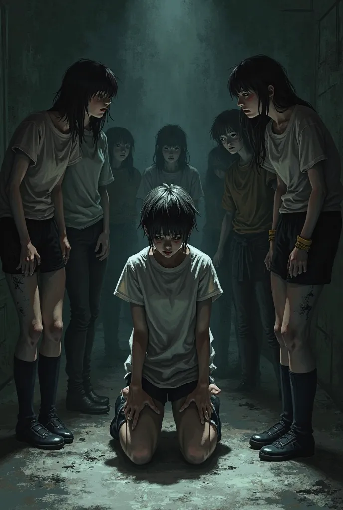 Illustration : A student imprisoned in a position of submission, undergoing tough questioning by other students.