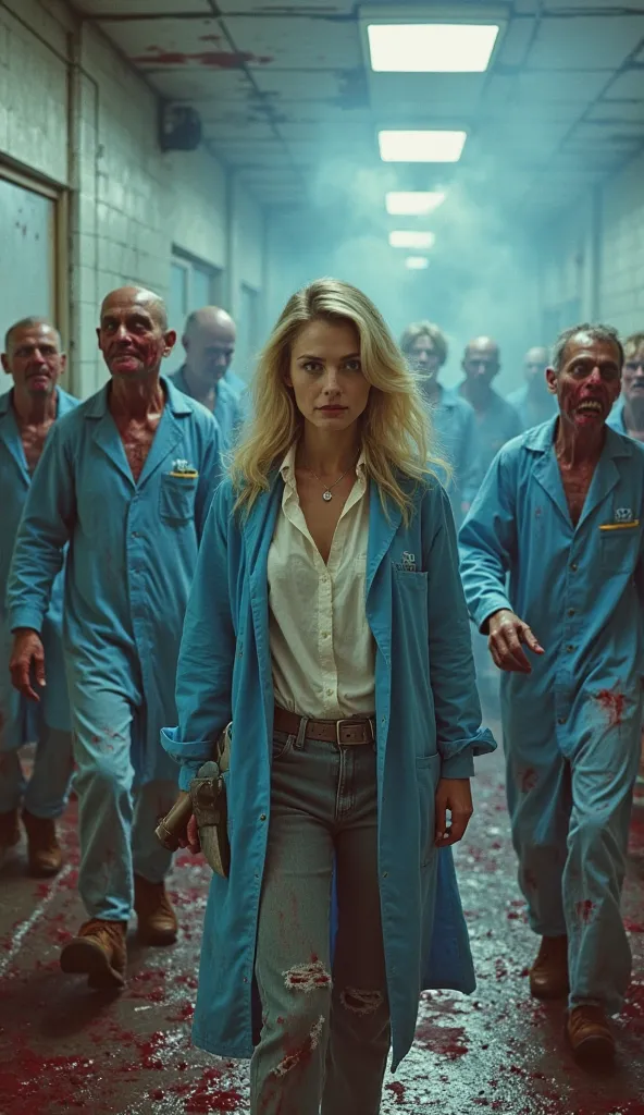 A 1970S STYLE MOVIE POSTER WITH LABORATORY CHAOS WITH by BLOODY zombies WEARING BLUE LAB COATS RUNNING AROUND - IN THE FRONT AND...