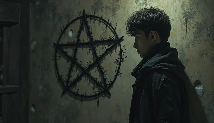 In a realistic style,
A young man with his face half-hidden in shadow, with a pentagram drawn on the wall behind him.