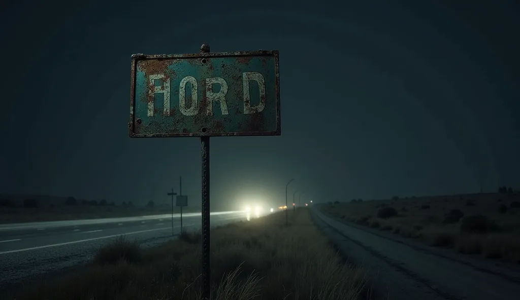 Faded old sign with no lettering on highway at night