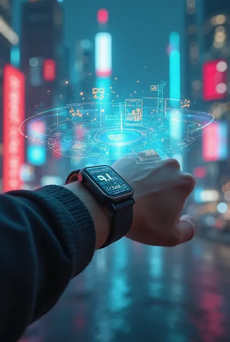 A futuristic smartwatch on a person's wrist, projecting an augmented reality interface into the air. The holographic screen show...