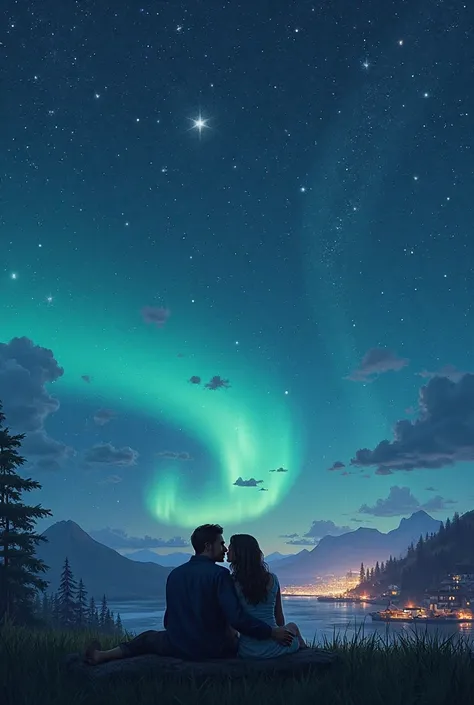 A book cover of the star-filled night sky with an aurora and a glimpse of lights in the village and a man and a woman kissing wh...