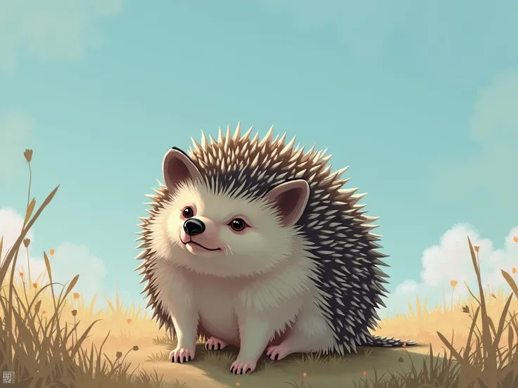 The one in the style of Kipley painting,blue melancholy sky,Tsundere Hedgehog is a little bit aggressive but very cute,sunny