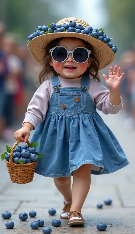 Create a scene with a charming chubby girl, dressed in trendy natural blueberry clothes, Wears a, hat decorated with blueberries...