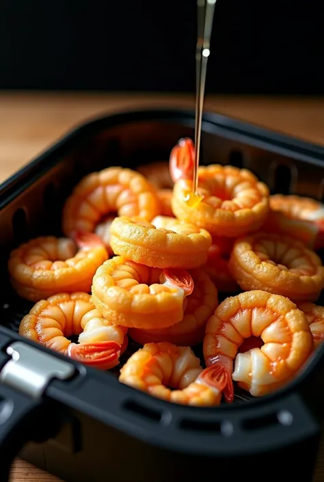 Place the gold-breaded, deep fryer, which are lightly drizzled with oil before air frying, shrimp in a modern black.