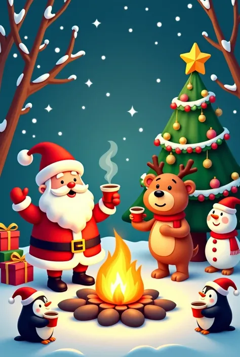 A cute、2D cartoon-style illustration full of Christmas atmosphere。The picture features Santa、decorated with a gorgeous Christmas...