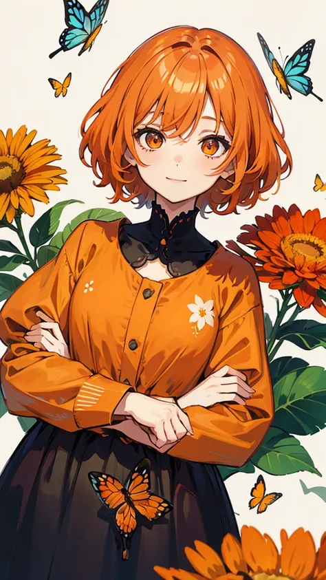 anime,orange floral dress on white background、smile、Very short hairstyle for orange curly hair、Long、slender、Narrow eyes、Big Eyes...