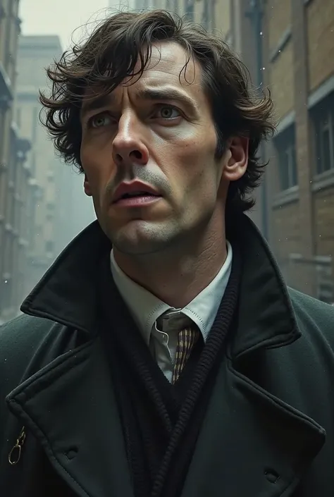 Sherlock Holmes, with a pale and exultant face, radiates concentration and enthusiasm. His eyes reflecting his keen perception a...