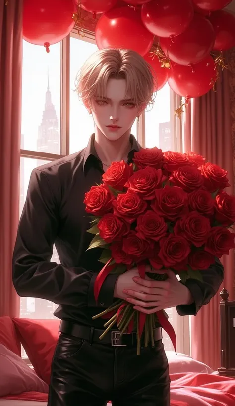 young blond man 、short hair,Scarlet ( Shokou Shoku )Eyes ,Thick eyebrows ,she had a smile on her lips , wearing a black shirt,bl...