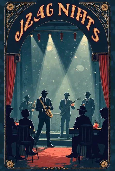 Illustrate a vintage illustration of a smoky jazz club with musicians performing on stage and patrons enjoying drinks.
Use a dar...