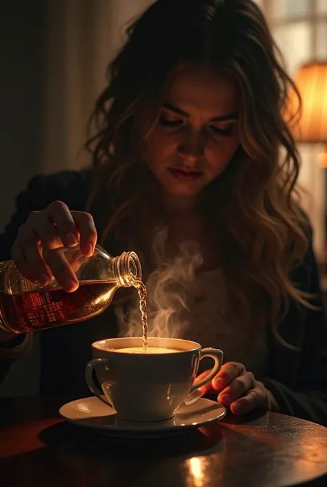 A WOMAN'S SHADOW IS WATCHING, CLOSE-UP OF HOW SHE IS POURING WHISKEY INTO HER HOT COFFEE